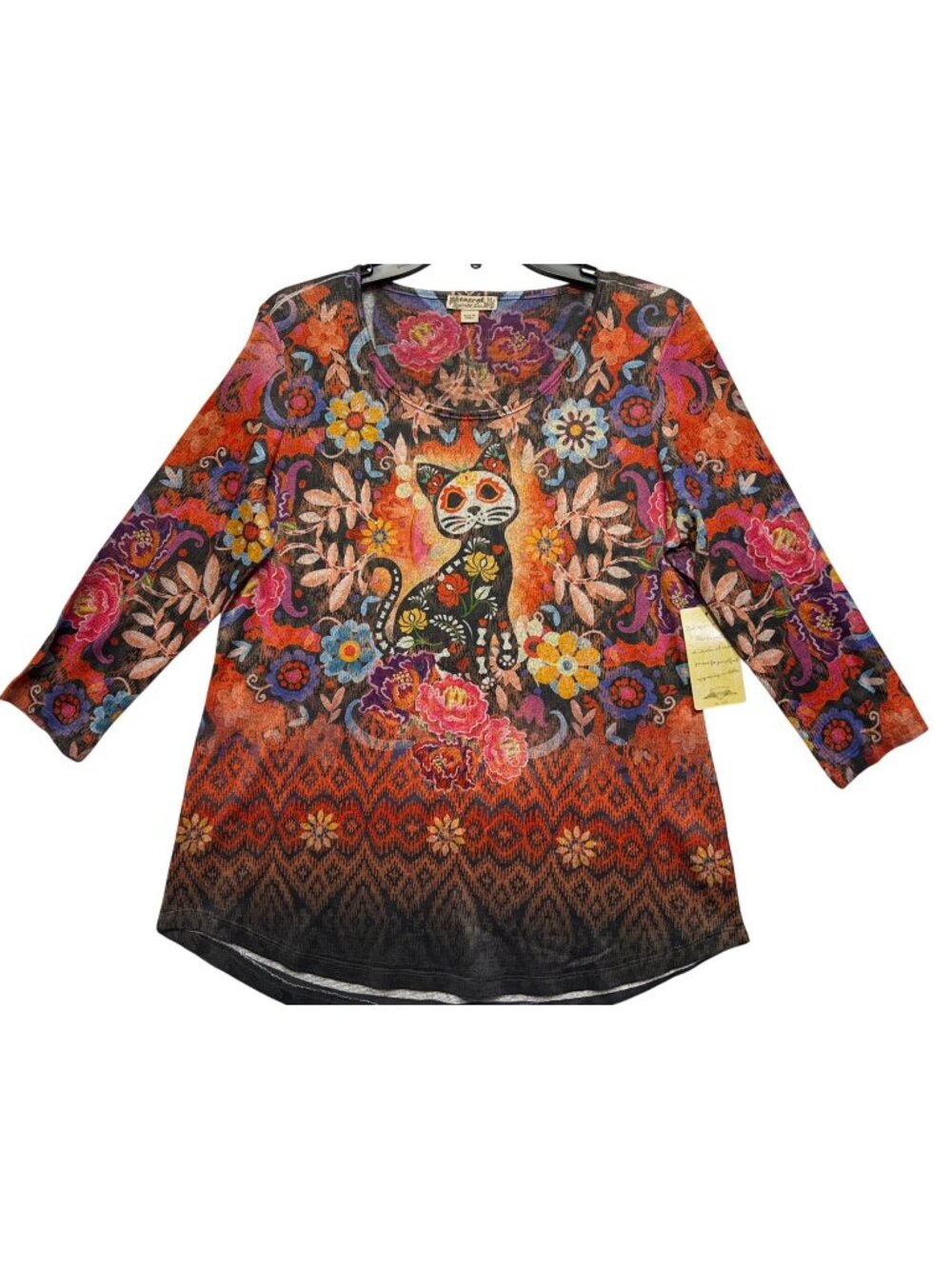 Energe Womens Size M Colorful Cat & Floral Print Long Sleeve Top Vibrant Bohemia